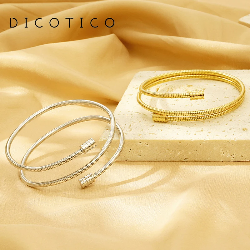 

New Elastic Plain Ring Open Bracelet For Women Gold Color Stainless Steel Three Layers Spiral Wristband Charm Bangles Jewelry