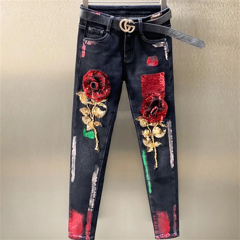 

New pants women's autumn new diamond rose denim black slim fit slim pencil pants