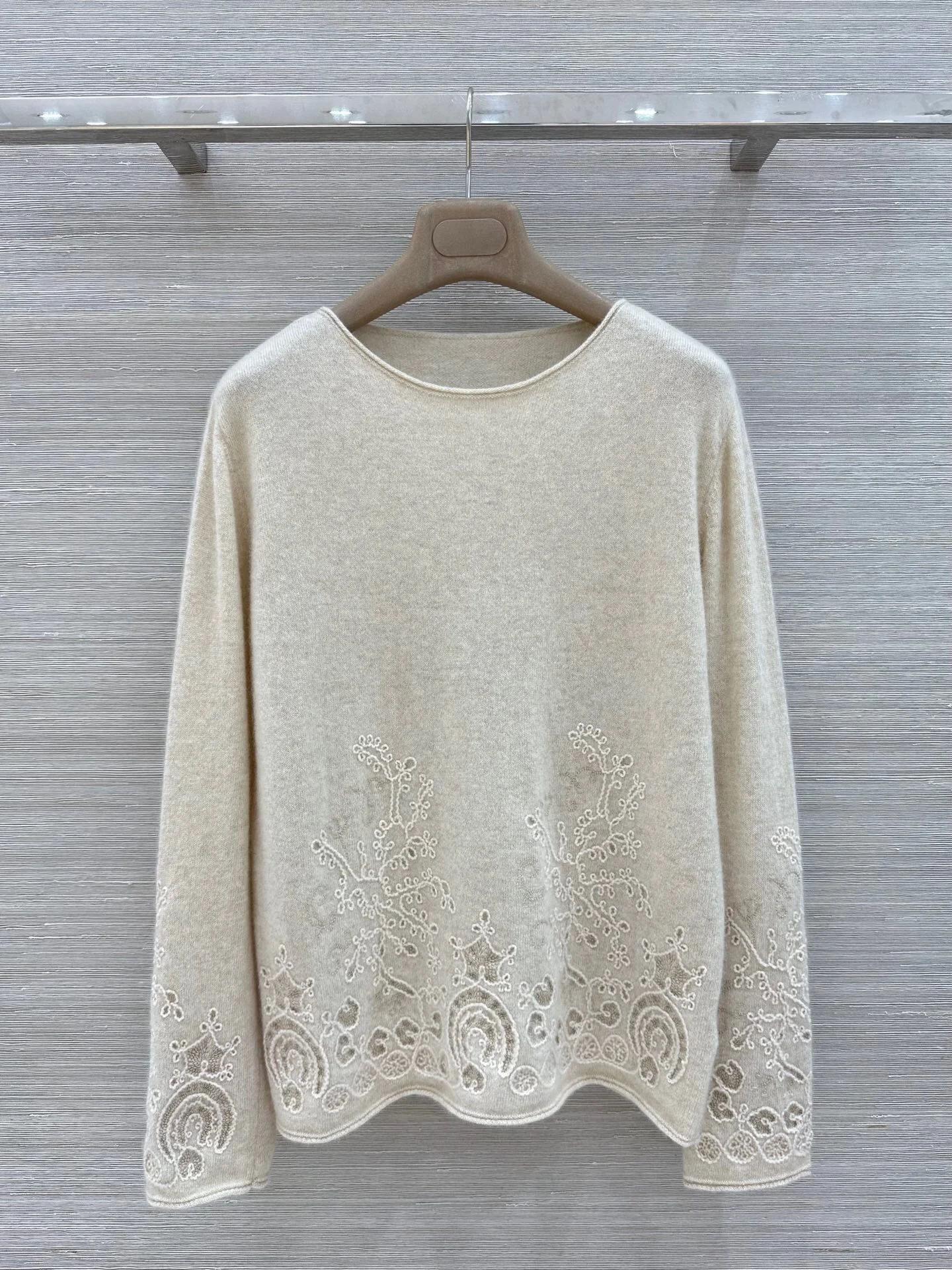 Luxury 100% Pure Cashmere Sweater Women Embroidered Lace Knit Jumper Chic Beige Grey White Pullover