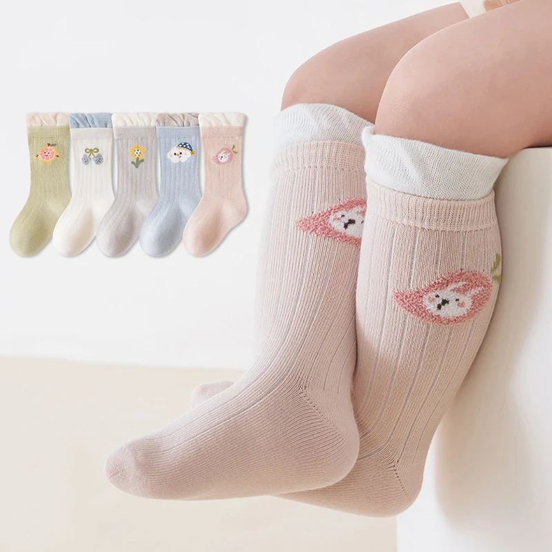 3/5 Pairs Toddler Girls Socks Knee High Cotton Baby Socks Cute Cartoon Ruffle Cuff Long Socks for Newborn Infant Daily Use