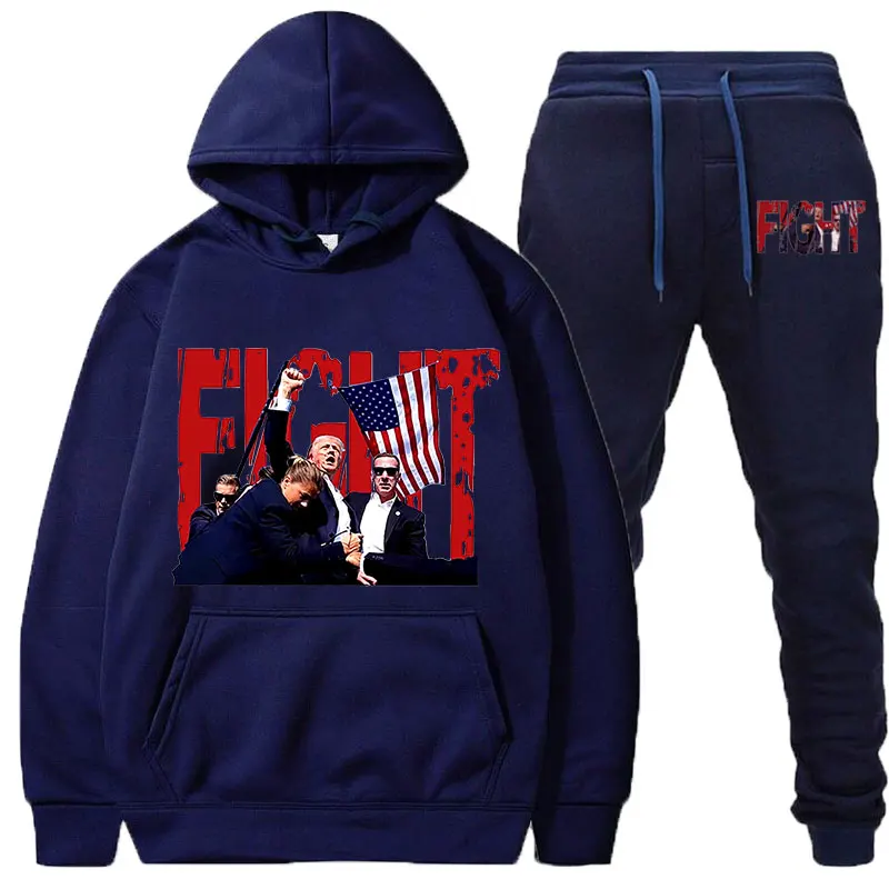 LE Trump Fight Man Sets Hoodie Sweatpants Men\'s Set  Autumn Winter clothing Casual Woolen Hoodie suit Sportswear men sets