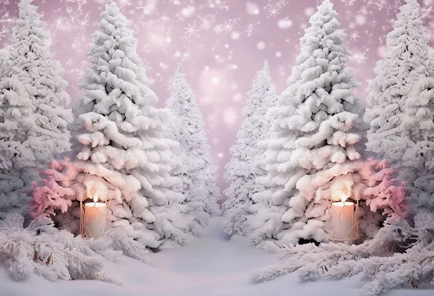 Mehofond Winter Pink Pine Forest Snow Deer Scenic Photo Backgrounds Christmas Kids Candle Snowflake Photography Backdrops Studio