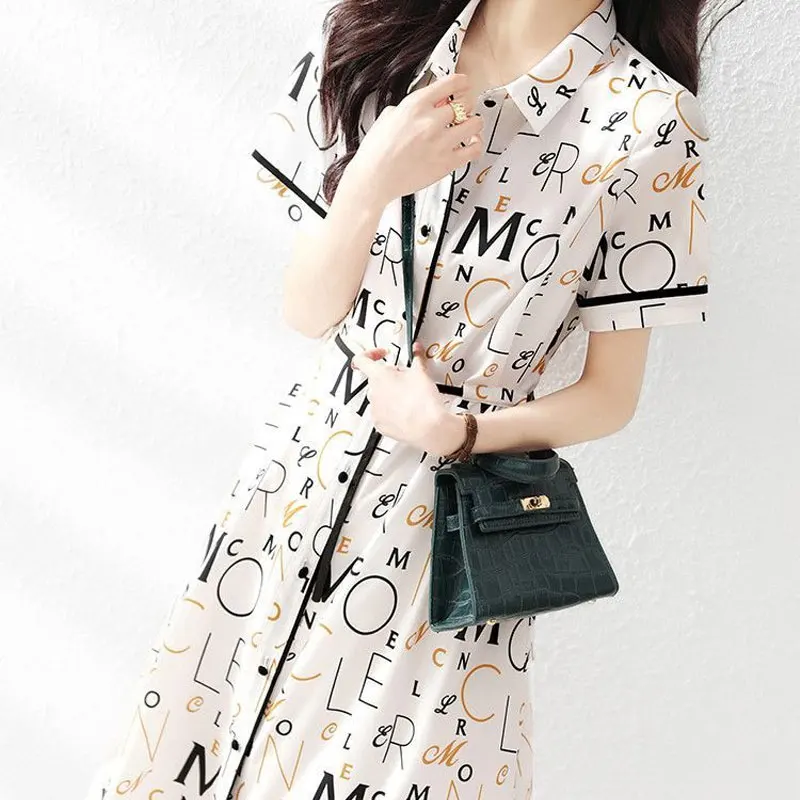 Female Clothing Letter Printed Dresses Stylish Sashes A-Line Summer New Commute Short Sleeve Spliced Casual Polo-Neck Midi Dress