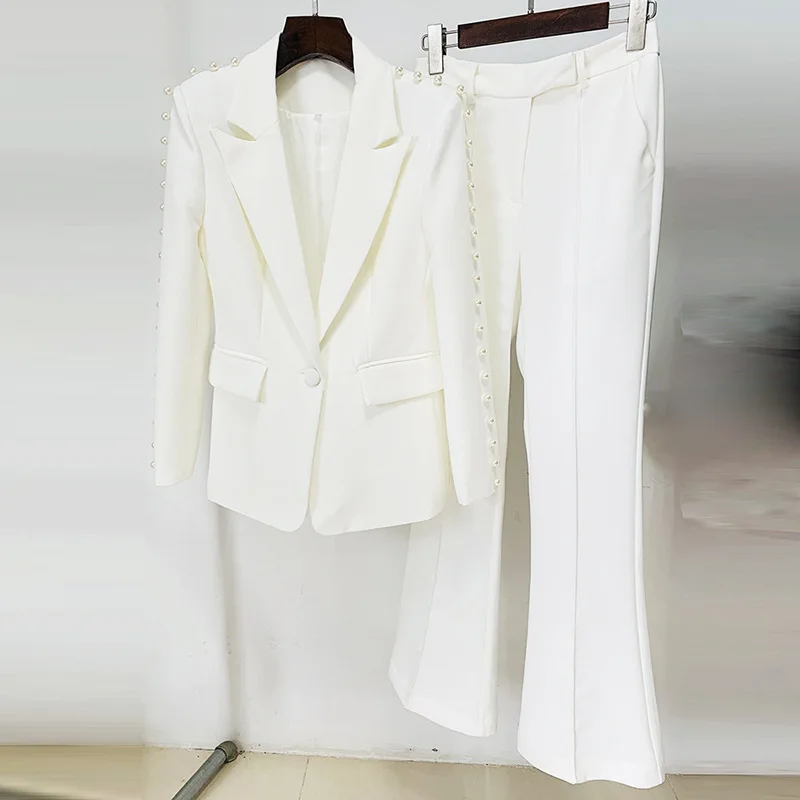 Luxury White Rhinestone Office Lady Pant Suit 2 Piece Sets Women Long Sleeve Single Button Blazer Flared Pants Fashion Suits Set