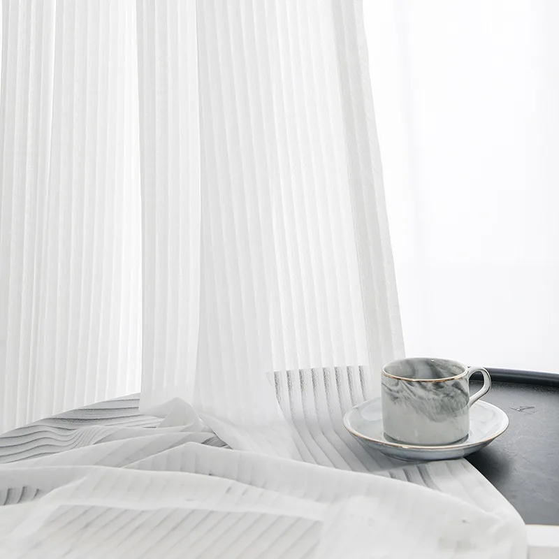 Cortinas transparentes de tul con rayas verticales para ventana, protección UV, para sala de estar, balcón, dormitorio, bahía, cortina de ventana de Color sólido personalizada