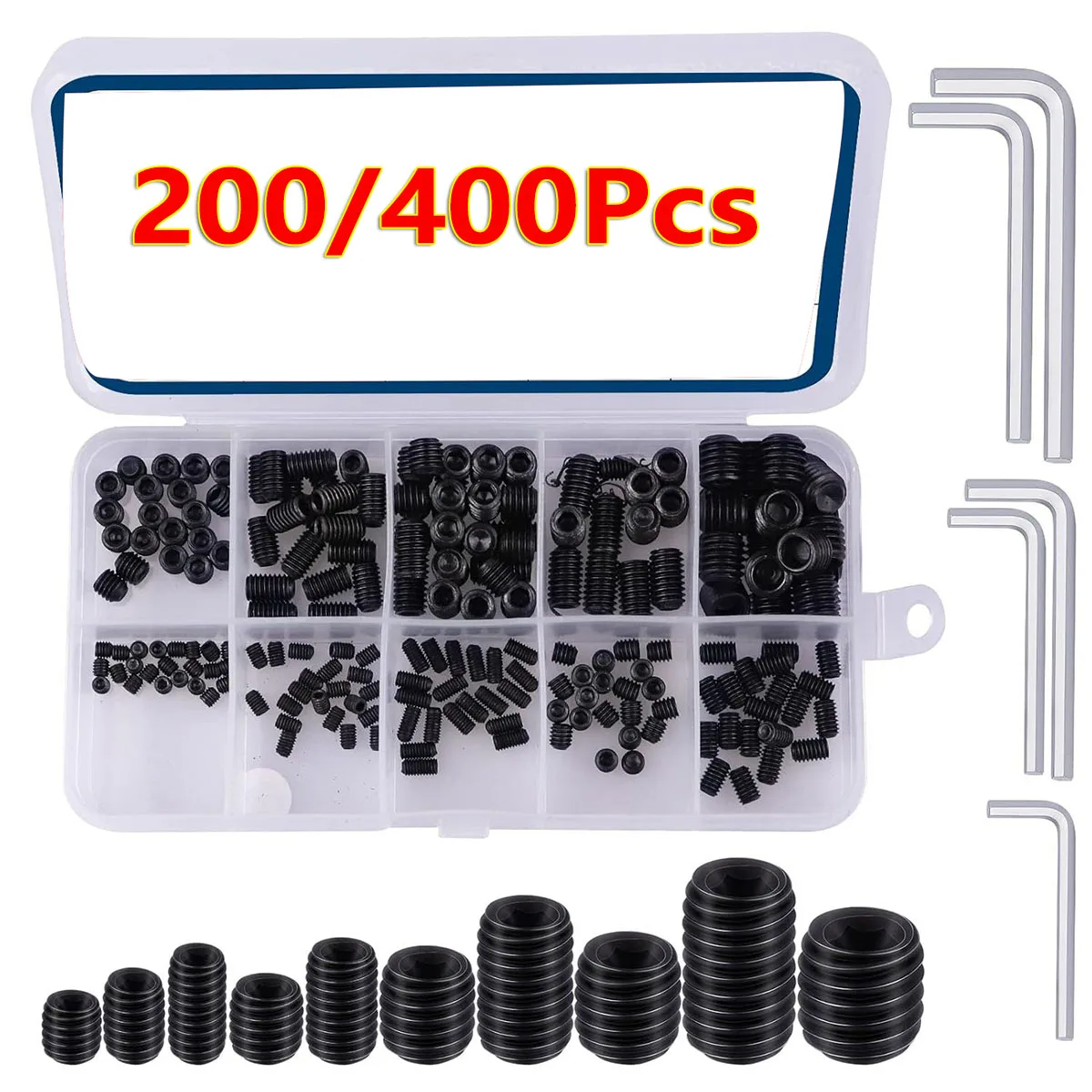 200/400 Pz M3 M4 M5 M6 M8 Presa a testa Esagonale Set Vite senza testa Punto di tazza Assortimento Kit Esagono incassato a brugola Punta piatta Grub Set di bulloni