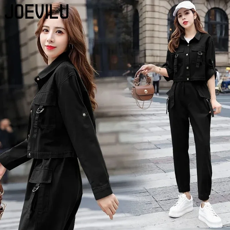 JOEVILU 2PCS Streetwear Tracksuit Cargo Coat Casual Pants 2 Piece Sets Women\'s Outfits Spring and Autumn Korean Fashion Y2k Suit