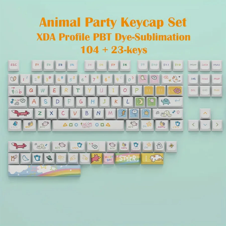 

127-Key PBT Keycaps Set - XDA Profile, Dye-Sub Animal Party Design Full Size Cherry MX Switch Mechanical Keyboards - DIY Kit