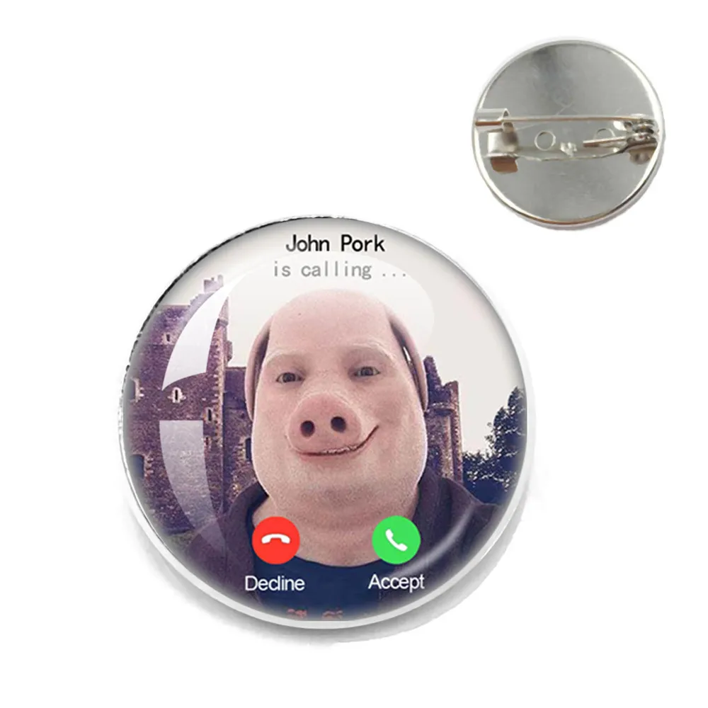 Cute John Pork Is Calling Answer Call Phone Humor Funny Pig Animal Lovers Graphic Meme Glass Brooch Lapel Bag Clothes Pins Gift