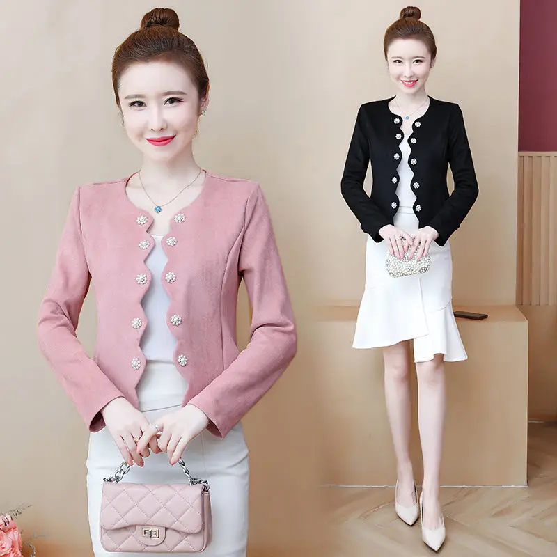 

Autumn Women Faux Suede Jacket Beaded Streetwear O Neck Coat Biker Moto Oversize Female Open Stitch Outerwear 4XL E297