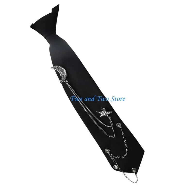 HX6F Pre Tied Punk Tie with Rhinestones Metal Chain for Women Girls for Normal Shirt Or Blouse Uniform Pre Tied