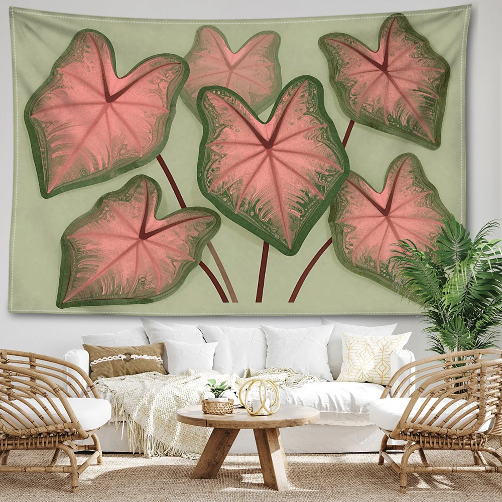 Light Green Pink Taro Leaf Vein Printed Tapestry Wall Hanging Bohemian Style Bedroom Home Decor