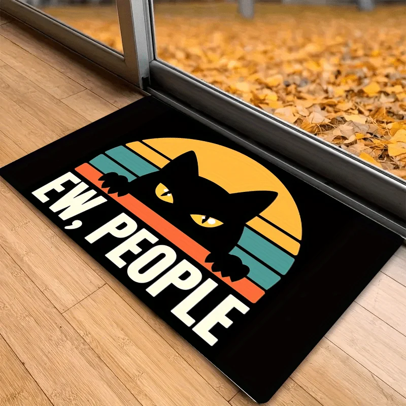1pc Non-slip Cat Themed Doormat, Machine Washable, Glossy Black Cat and 