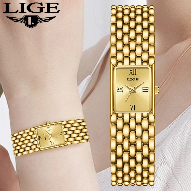 

LIGE 2025 New Gold Women's Watch Luxury Quartz Watch Stainless Steel Bracelet Retro Fashion 30M Waterproof Watch for Women reloj