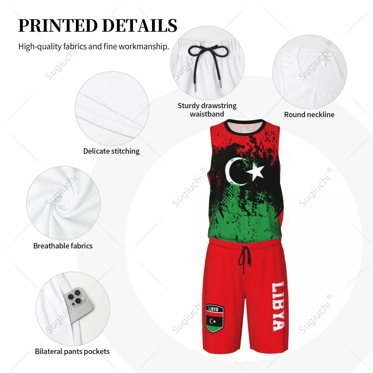 Team-Up Libya Vlag Graan Heren Basketbal Jersey Set Shirt & Broek Mouwloze Aangepaste Naam Nunber Exclusief