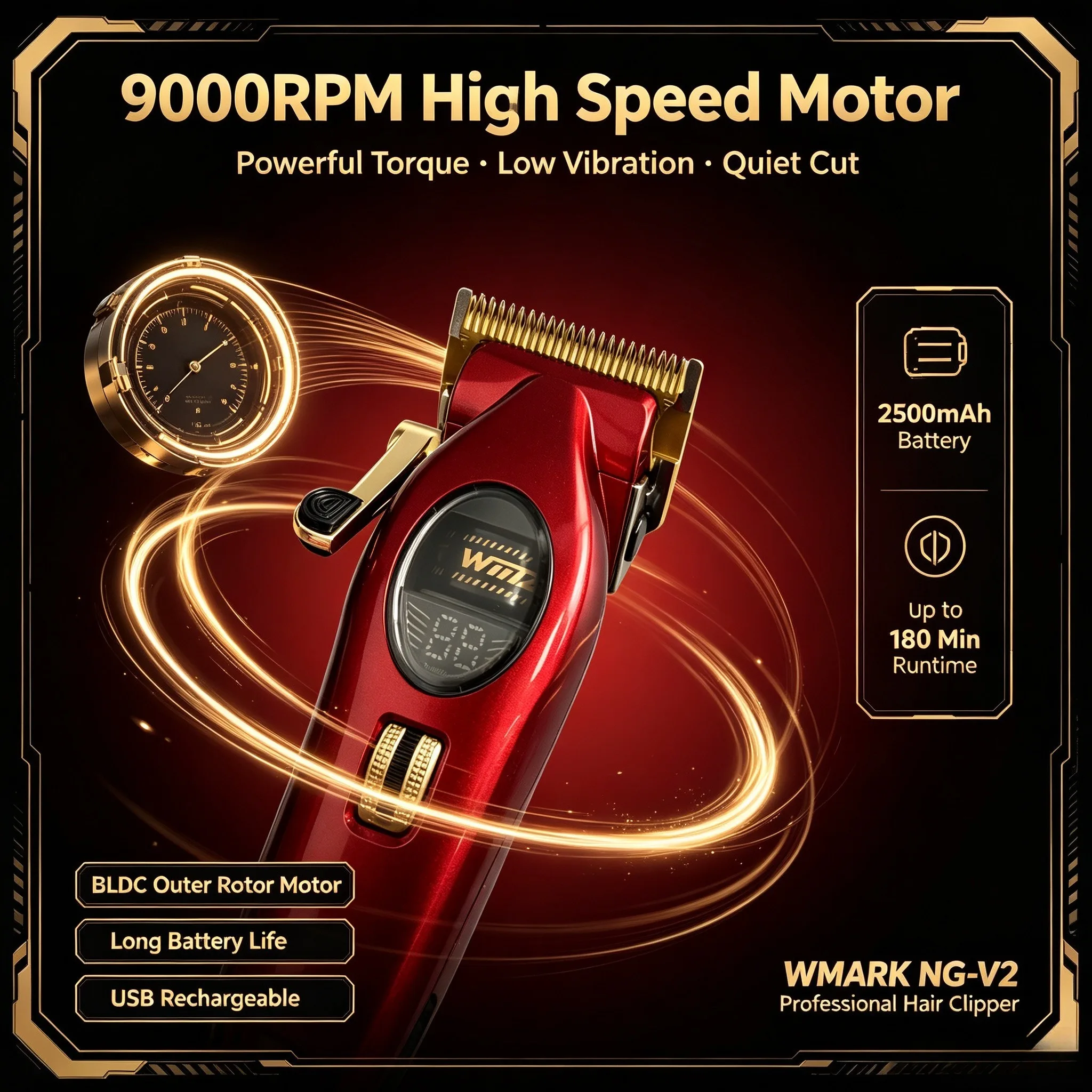 WMARK NG-V2 9000RPM Outer Rotor Professional Hair Clipper All Metal Body with Left-hand Metal Adjust Lever Barber Trimmer