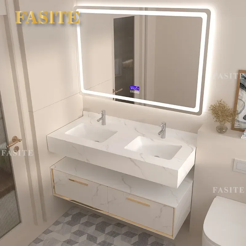 For Double Washbasin Smart Mirror Stainless Steel Bathroom Cabinet Light Luxury Sanitary Ware Vanity Unit with LED Light