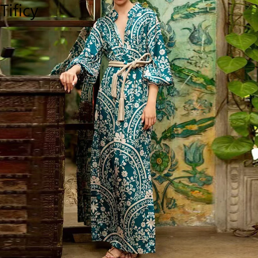 

High Quality Spring and Summer New Women's Stand Up Neck Lantern Long Sleeved Blue Printed Temperament Long Dresses