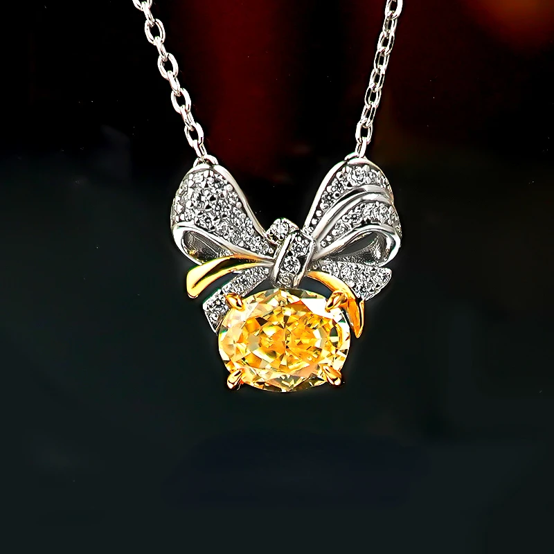 Thick colored yellow diamond women's necklace light luxury fashionable bow ribbon, egg shaped 925 silver pendant, Radian ice cut