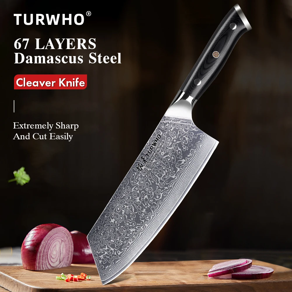 

TURWHO 7.5" Cleaver Knife Professional Kitchen Knife Damascus Steel Sharp Chopper Meat Fish Slicing Chinese Vegetable Chef Knife