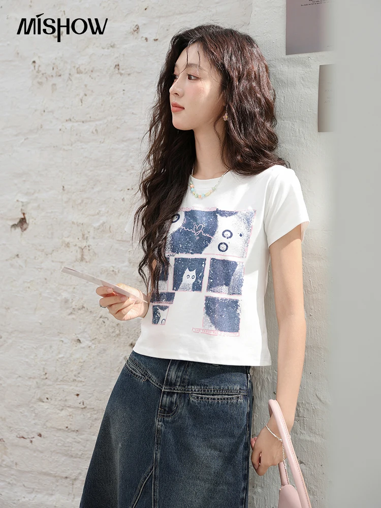 MISHOW Fun Block Cat Printing Short Sleeved T-shirt 2024 Summer Round Neck Slim Fit Top Female Casual Streetwear Tees MXD28T0366