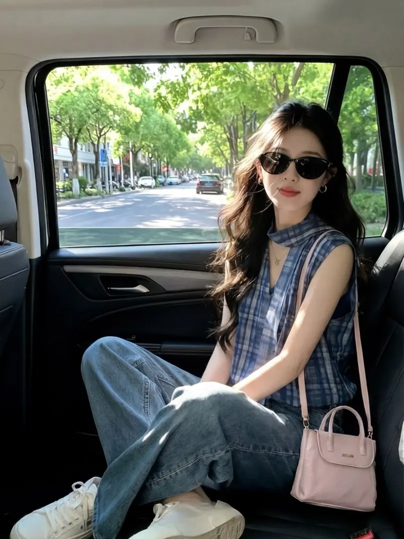 

Blue Plaid Sash V-neck Vest Shirt Women Summer Unique Beautiful Waist-cinching Sleeveless Top Korean Style Commute Fashion