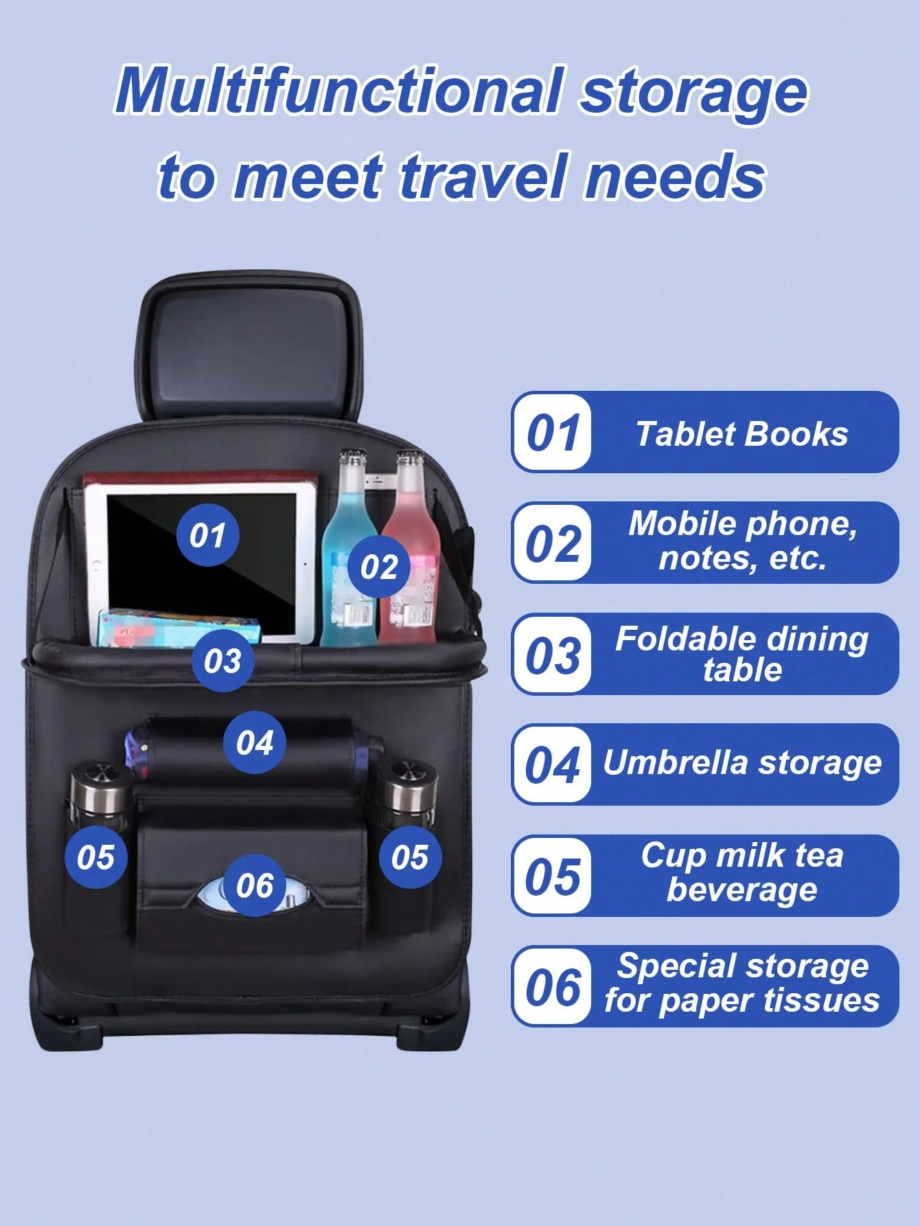 Car Seat Back Organizer - Multi-Pocket & Cup Holder & Trash Bin Design with Tray to Store 11-inch Tablet for Cars, Durable PU Le