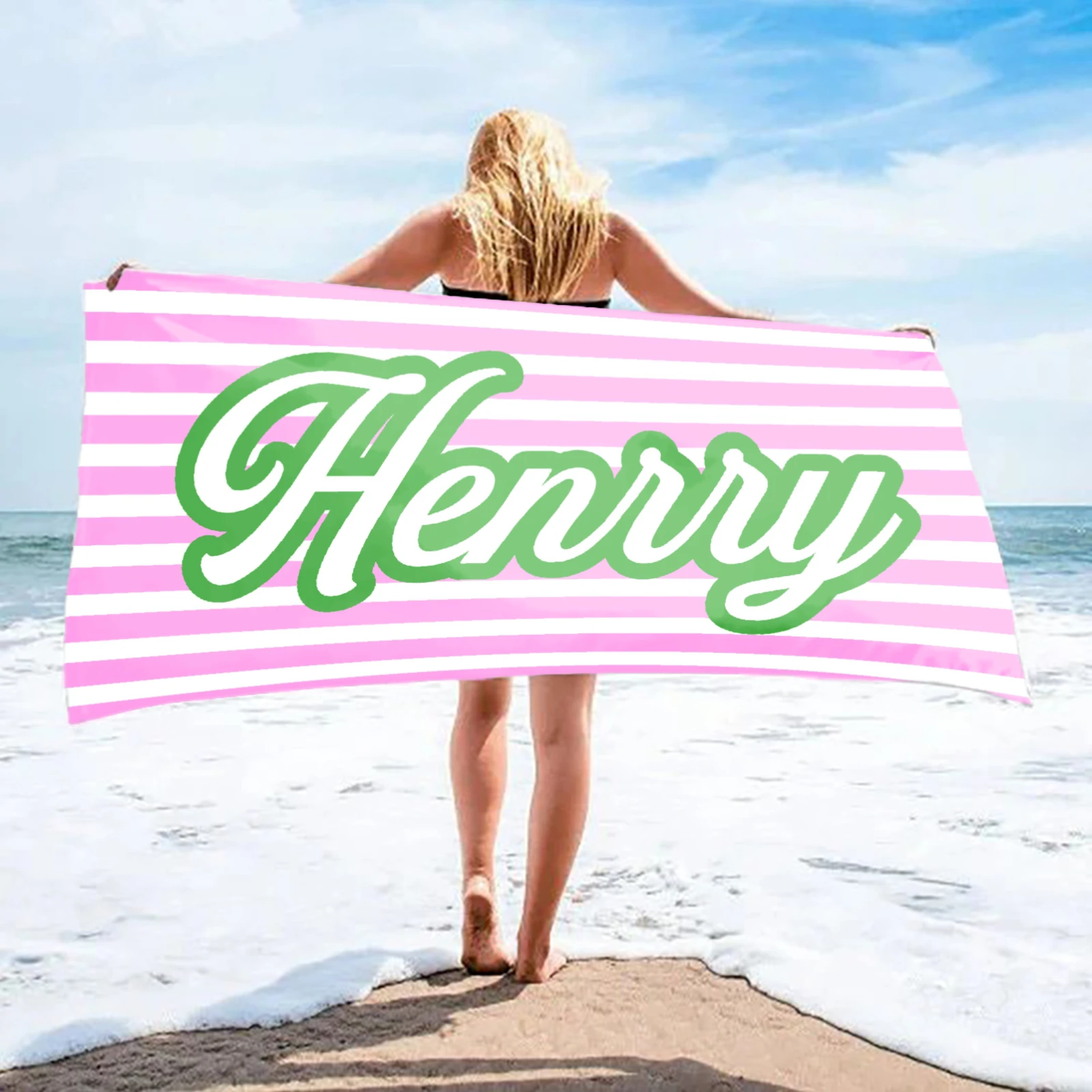 Retro Personalized Name Beach Towel, Striped Custom Pool Towel, Family Vacation, Birthday Gift, Bridesmaid Towel, Kids Pool