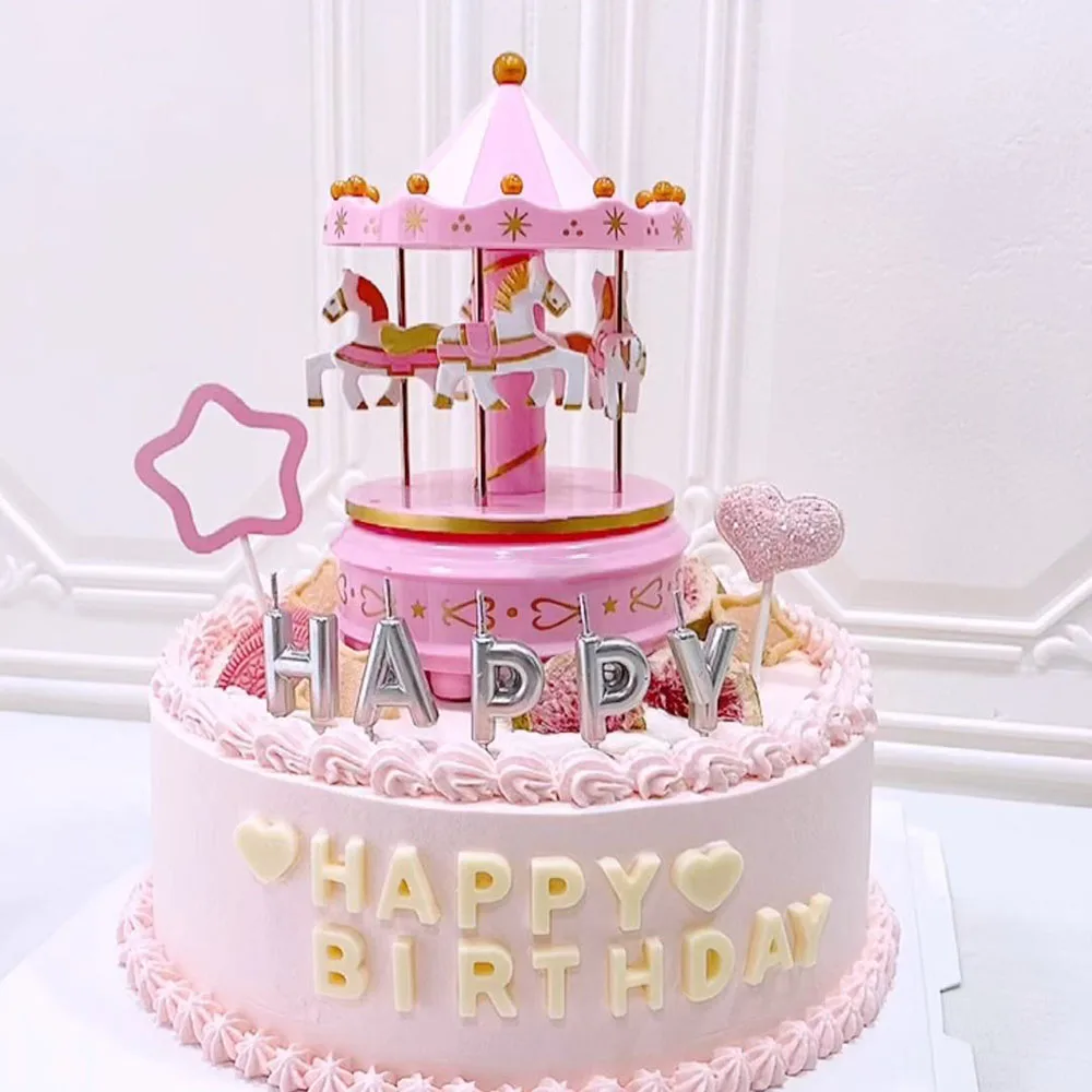 Pink Carousel Music Box Cake Topper Mini Carousel Statue For Girl Birthday Gift Baby Shower Favors Decoration Ornament Kids Toy