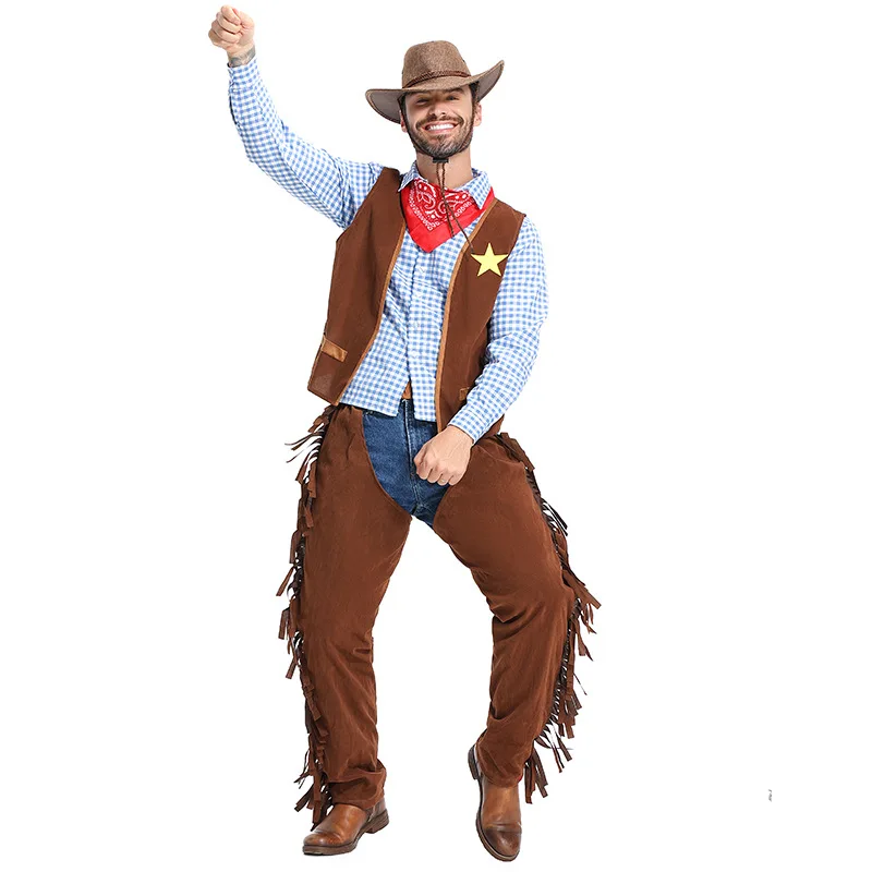 

Brown Cowboy Wild West Costume Mens Western Cowboy Adult Fancy Dress Costumes