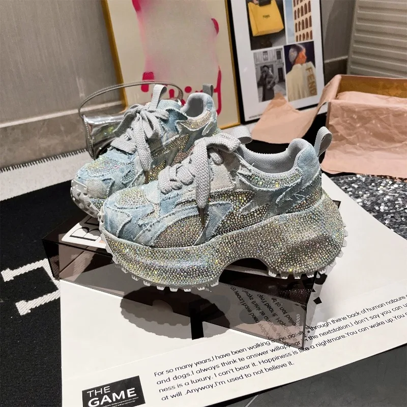 Washed Denim Rhinestone Platform Women's Shoes New Heightened Casual Sneakers 2025