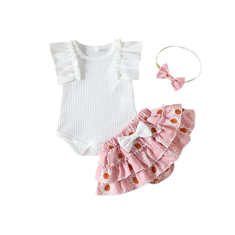 

Baby Girl Clothes Newborn Summer Outfits Ribbed Ruffle Sleeve Romper Top Floral Infant Shorts Set with Headband