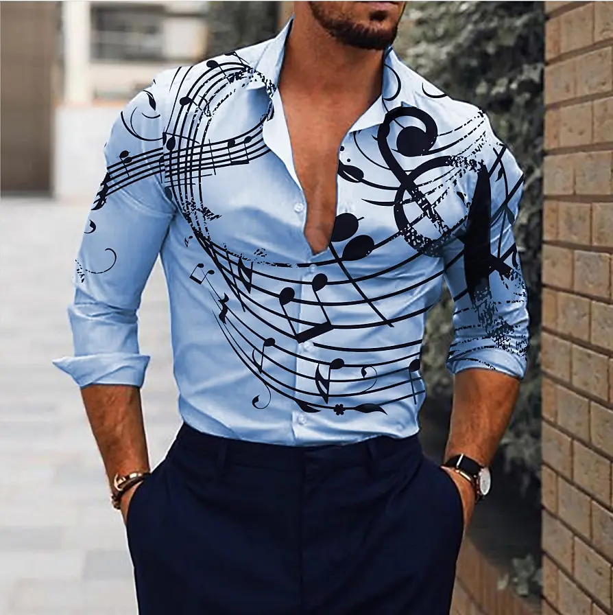 Men\'s Shirt Graphic T-Shirt Text Music Note Men\'s Long Sleeve Button Print Clothing Fashion Design Casual Breathable