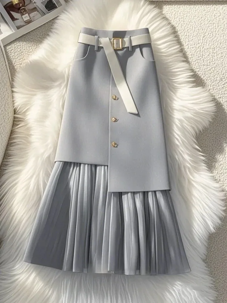 New High Quality Autumn Skirt Women Fashion Design High Waist Slim Irregular Patchwork Elegant Office Lady Pleated Midi Skirts