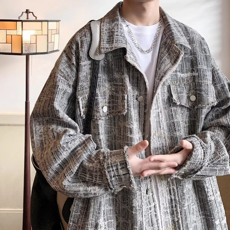 Men's Vintage Gradient Denim Jacket HK Style Single Breasted Lapel Coat Spring Autumn Teen Streetwear Regular Fit