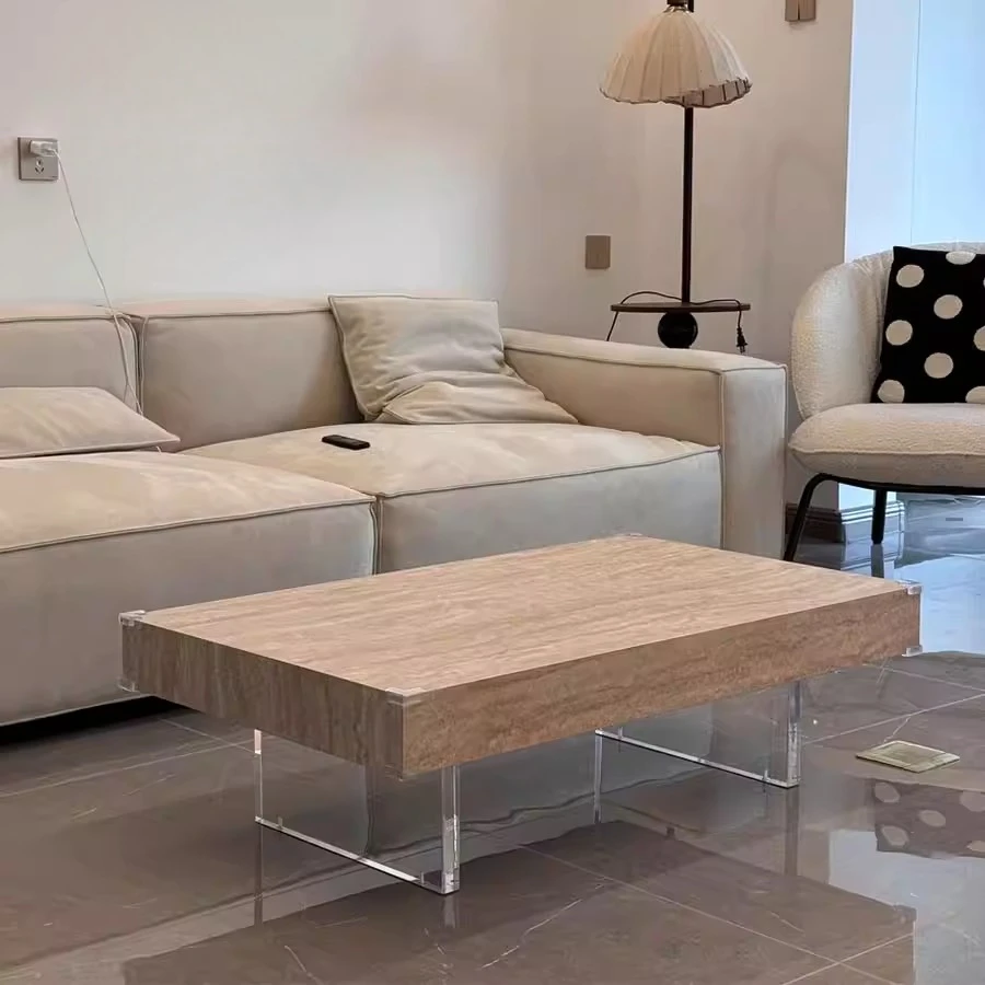 

Suspended square travertine rock slab coffee table