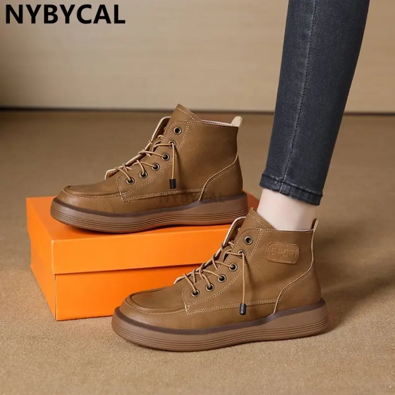 High Top Luxury Designer Women's Sneakers Genuine Cow Leather High Top Ladies Student Retro Fashion Flat Shoes New Handmade 40