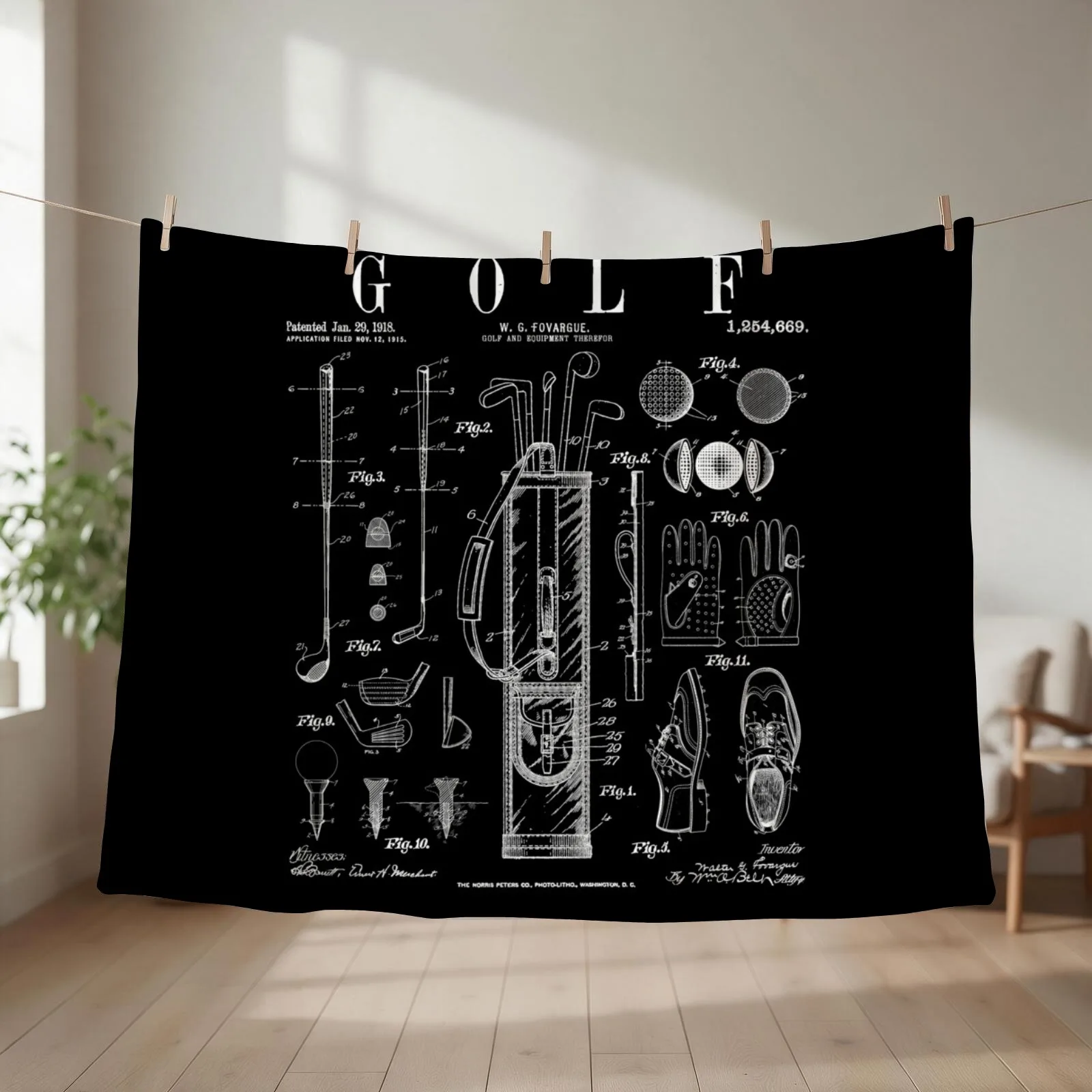 Golf Club Golfer Old Vintage Patent Drawing Print Throw Blanket couch cozy soft plush fuzzy picnic outdoor blanket