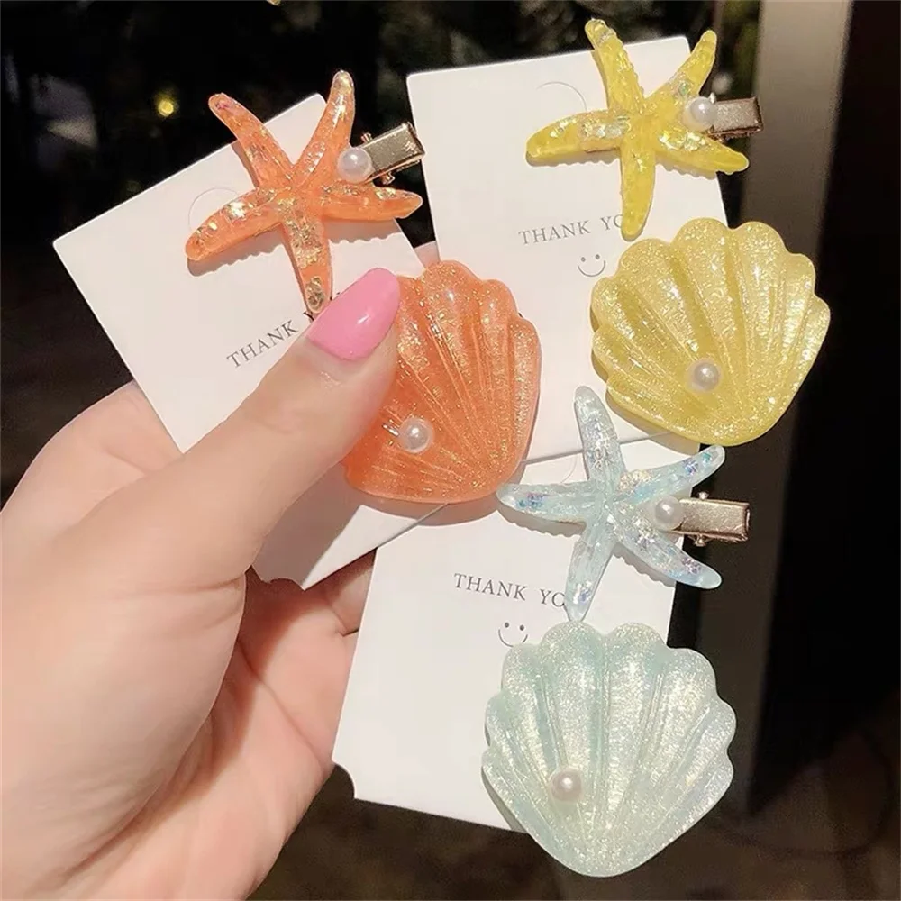 Dream Shell Hair Clip Starfish Hairpin Seaside Vacation Hair Accessories for Girls Lovely Gilt Imitation Pearl Resin Jewelry