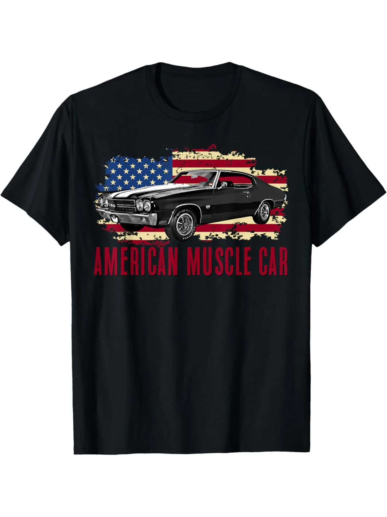 

American Muscle Car Graphic T-Shirt, 100% Cotton Crew Neck Tee, Geometric Pattern Applique, Sports Style Top for Men & Women