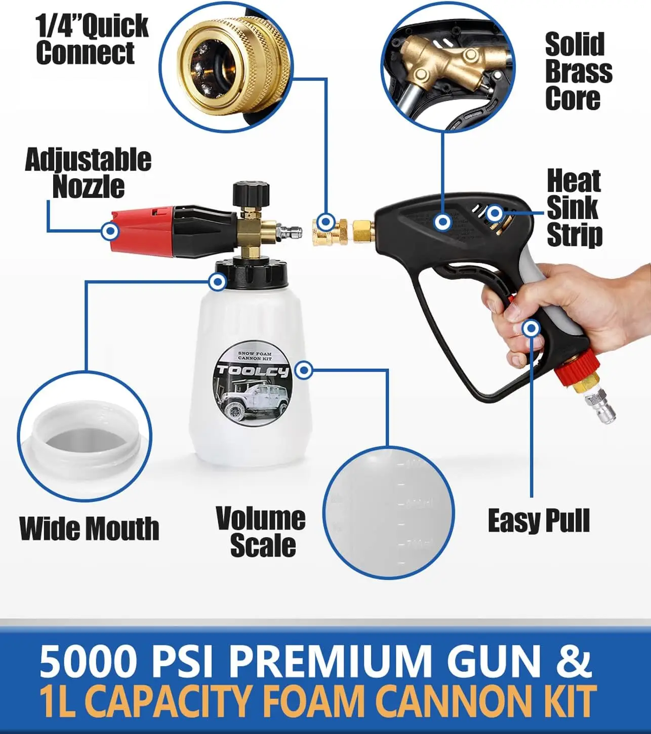 Foam Cannon Kit with Pressure Washer Gun 5000 PSI, 5 Nozzle Tips, 1/4