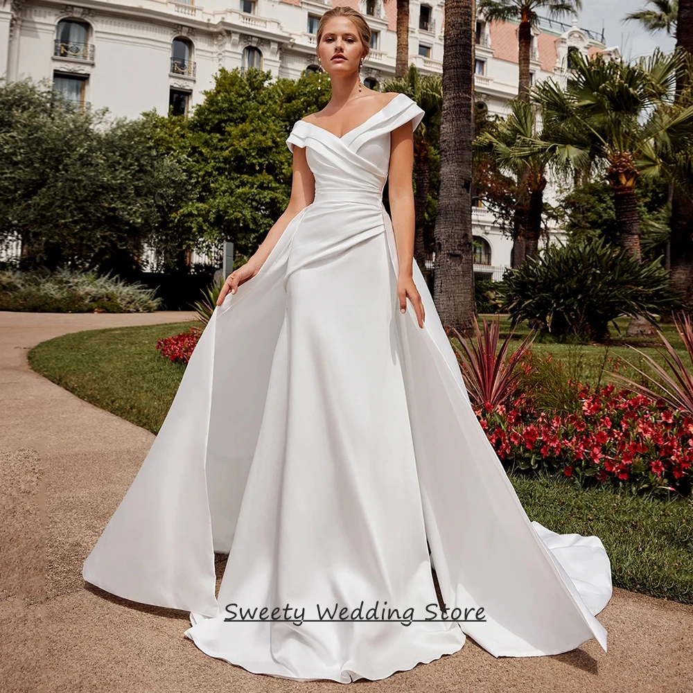 Maßgeschneiderte Meerjungfrauen-Brautkleider mit abnehmbarem Rock, schulterfrei, V-Ausschnitt, Falten, Schleppe, Brautkleid für Damen
