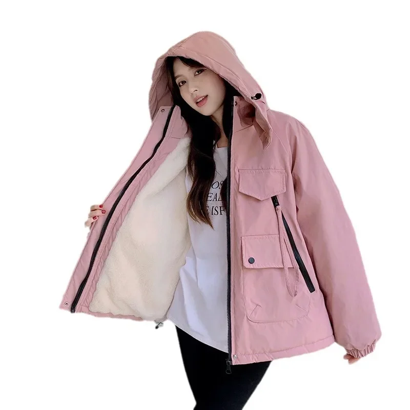 Workwear Cotton Jacket Women's 2024 Winter New Hooded Casual Plush Thick Coat