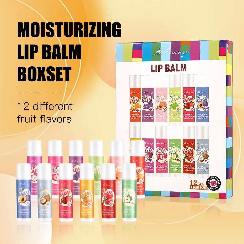 12pcs Moisturizing Lip Balm Gift Box Fruit Deepkly Brightening Anti Dry AntiCracking Nourishing Beauty Lips Care Cosmetics
