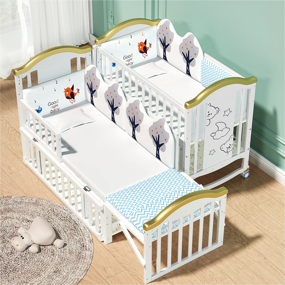 White solid wood baby crib and comfortable baby cradle beds for 0-3 years old