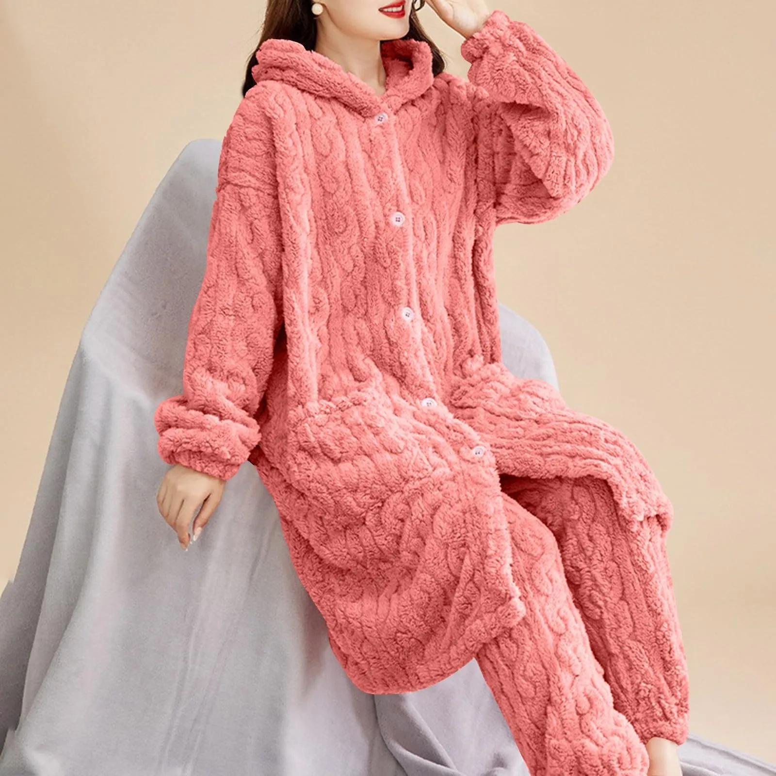 Coral Fleece 2pcs Pajamas Set Women Warm Hooded Nightgown Robe & Long Pants 2 Piece Sleepwear Oversize Winter Thicken Loungewear