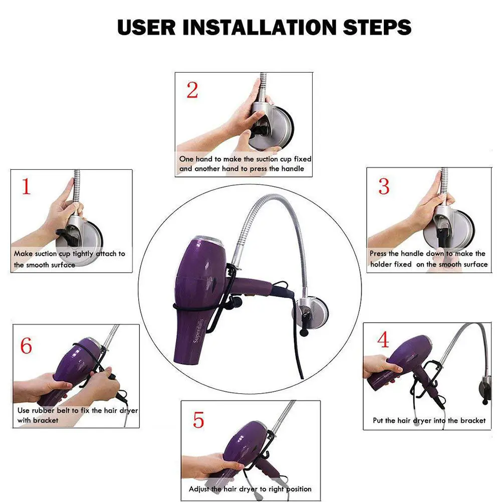 Rotating Hair Dryer Holder with Suction Cup – Adjustable Height Stainless Steel Stand for Hands-Free Use