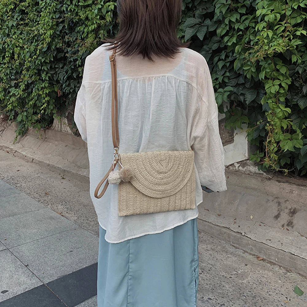 

Lady Solid Color Straw Woven Handbag Fashion Crossbody Envelope Bag Retro Elegant Shoulder Bag