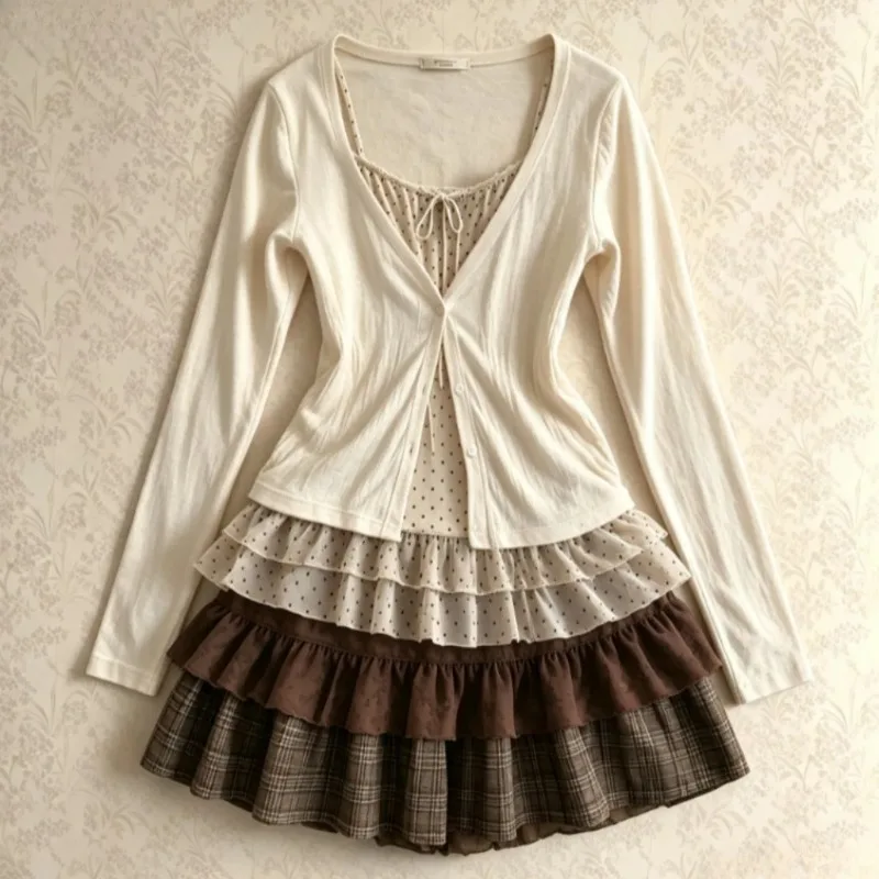Y2K Princess Lolita High Waist Skirt Set Women Casual Vest Lace Cardigan Japanese Sweet Cake Mini Skirt Harajuku Cute Suit