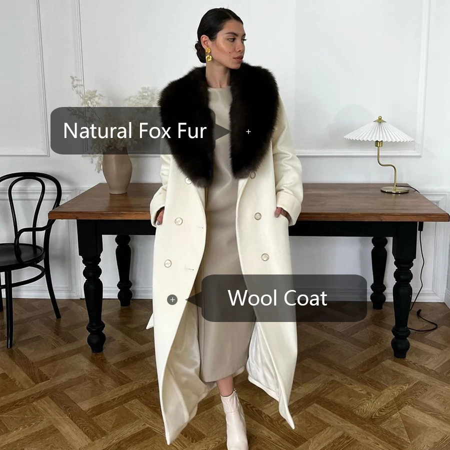 Casaco de Cashmere Longo Real Fox Fur Feminino, Jaqueta Misturada de Lã, Roupas de Inverno, Alta Qualidade, Tendência, Alta Qualidade, Novo